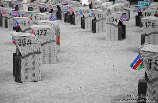 Tinted black and white image of beach baskets in Laboe
