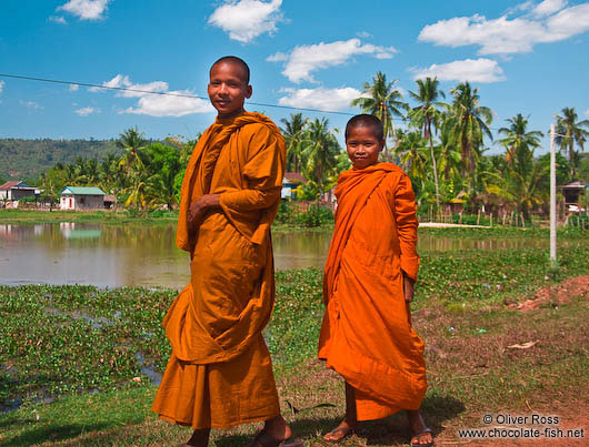 Two buddhist monk novices along the road between Sihanoukville and Kampott 