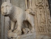 Travel photography:A lion guards the Katedrala Sveti Lovrijenac (Saint Lawrence Cathedral) in Trogir, Croatia