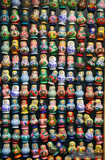 Matryoshka doll fridge magnets for sale in a tourist shop