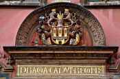 Travel photography:Facade detail on the city hall in Prague`s Old Town, Czech Republic