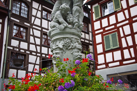 Fountain with half-timbered houses in Meersburg 