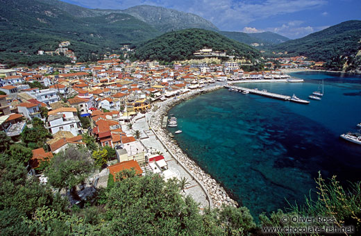 Aerial view of Parga town with bay