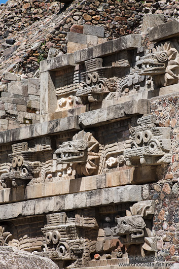 Stone carvings at the Temple of Quetzalcoatl at the Teotihuacan archeological site