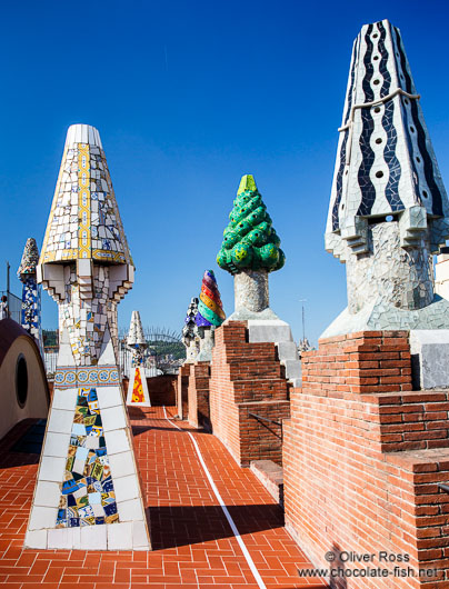 Sculpted chimneys on the roof terrace of Palau Güell