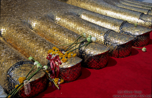 Toes of the Giant Buddha with flower offerings at Wat Intharawihan