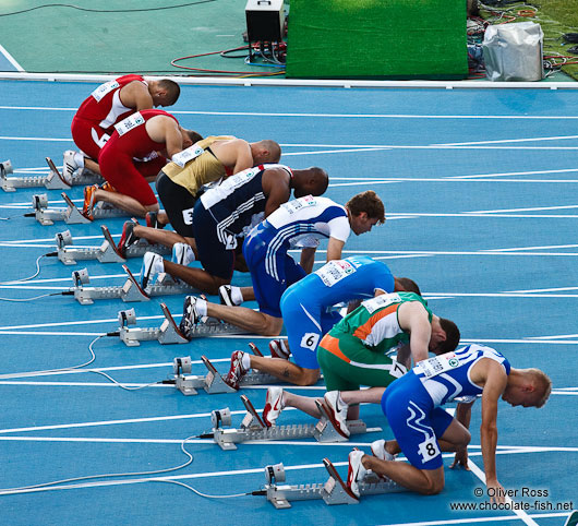 Start of the 100m Men´s Semi-Final showing the later champion Christophe Lemaître