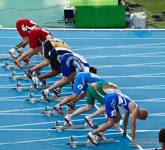 Start of the 100m Men´s Semi-Final showing the later champion Christophe Lemaître