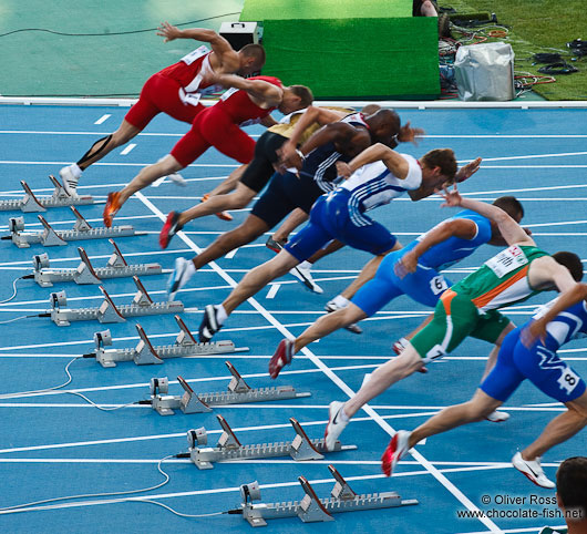 Start of the 100m Men´s Semi-Final showing the later champion Christophe Lemaître in lane 5
