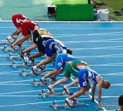 Travel photography:Start of the 100m Men´s Semi-Final showing the later champion Christophe Lemaître, Spain