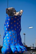 Travel photography:Stage detail at the Seebühne in Bregenz with Zeppelin in background, Austria