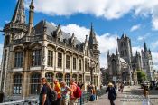 Travel photography:Ghent Old Post Office, Saint Nicholas Church, and Belfry tower, Belgium