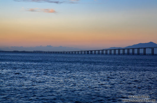 View of the Ponte Presidente Costa e Silva (connecting Niteroi and Rio) after sunset