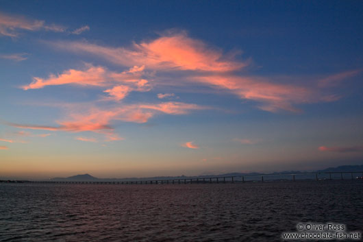 View of the Ponte Presidente Costa e Silva (connecting Niteroi and Rio) after sunset