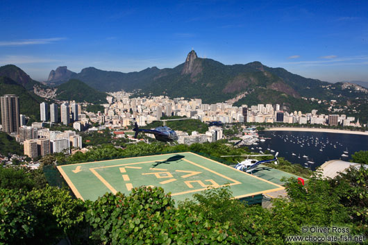 Helicopter taking off from a helipad atop the Sugar Loaf (Pão de Açúcar)