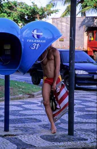 A "big ear" (orelhão) Brazilian phone booth in Rio near Ipanema beach