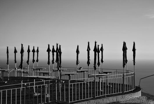 Closed umbrellas outside a cafe atop Corcovado in Rio de Janeiro