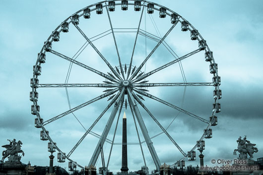 Cyanotype image of Place de la Concorde in Paris with ferris wheel and obelisk