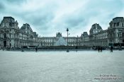 Travel photography:Cyanotype image of the Louvre museum in Paris, France
