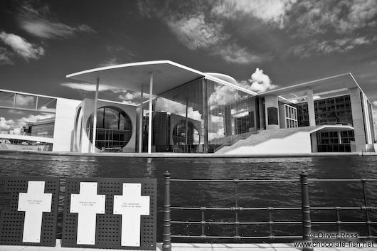 The Marie-Elisabeth-Lüders-House with memorial crosses for the victims of the Berlin Wall