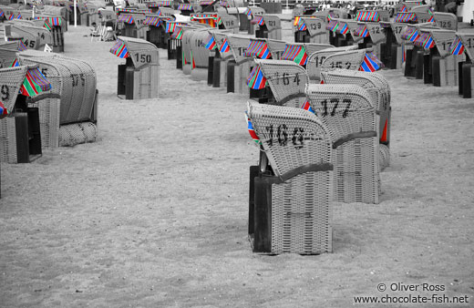 Tinted black and white image of beach baskets in Laboe