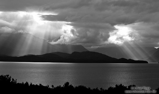 Rays of light break through the clouds in Fiordland National Park