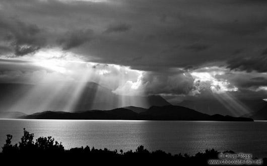 Rays of light break through the clouds in Fiordland National Park