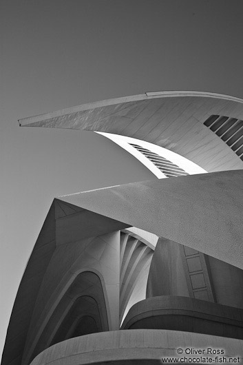 Facade detail of the Palau de les Arts Reina Sofía opera house in the Ciudad de las artes y ciencias in Valencia