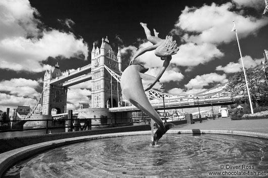 The Tower Bridge in London with fountain