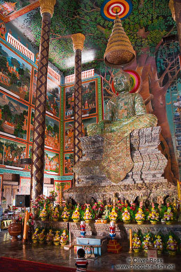 Giant green Buddha statue inside a temple at the Vipassara Dhara Buddhist Centre near Odonk (Udong)