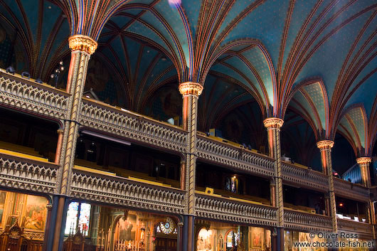 Wooden architecture of the Basilica de Notre Dame cathedral in Montreal