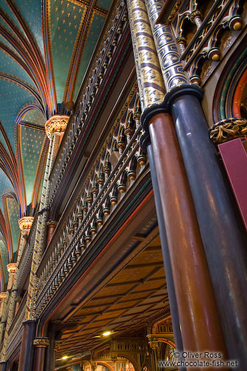 Wooden architecture of the Basilica de Notre Dame cathedral in Montreal