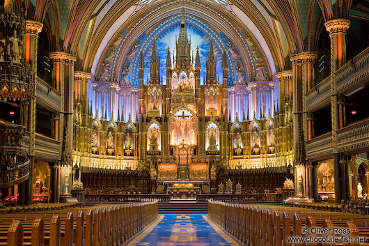 Interior of the Basilica de Notre Dame cathedral in Montreal