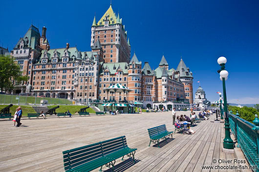 The Château Frontenac castle in Quebec with Terrasse Dufferin promenade