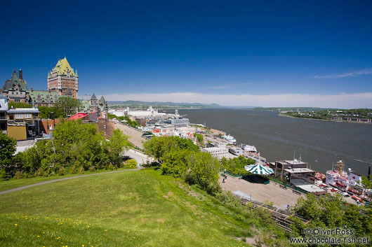Panoramic view of the Château Frontenac castle in Quebec with Saint Lawrence river