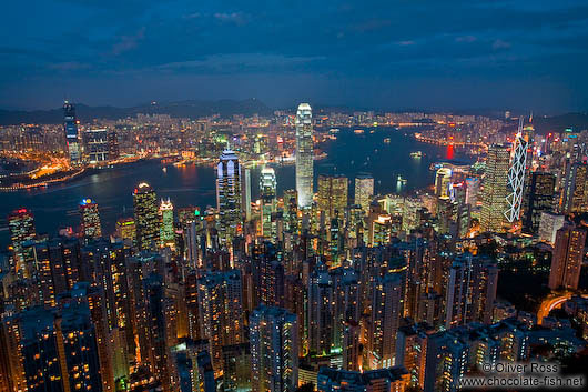Hong Kong bay and city skyline at dusk 