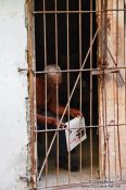Travel photography:Man reading the newspaper behind bars in Havana Vieja, Cuba