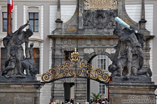 The fighting giants above the main entrance to Prague Castle by artist Ignaz Michael Platzer (1768)