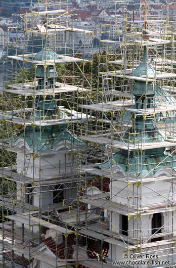 Scaffolding around a church in Petrín