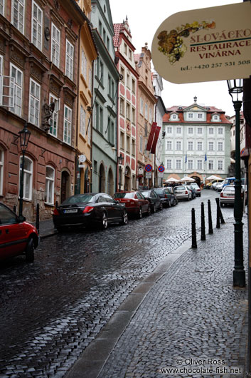 Wet street in Prague`s Lesser Quarter