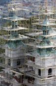 Travel photography:Scaffolding around a church in Petrín, Czech Republic