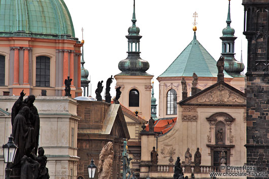 Skyline of Prague`s Old Town viewed from the Charles bridge