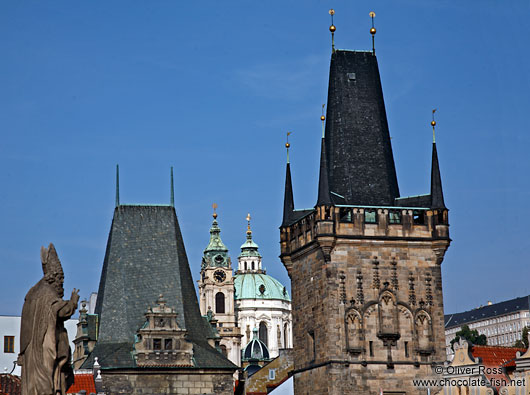 Skyline of Prague`s Lesser Quarter viewed from the Charles bridge