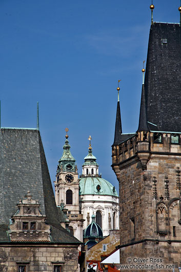 Skyline of Prague`s Lesser Quarter viewed from the Charles bridge