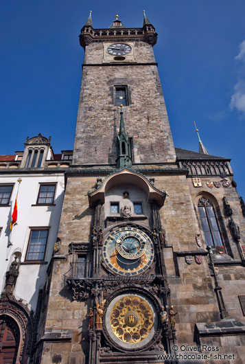 Astronomical clock and city hall tower on the old town square