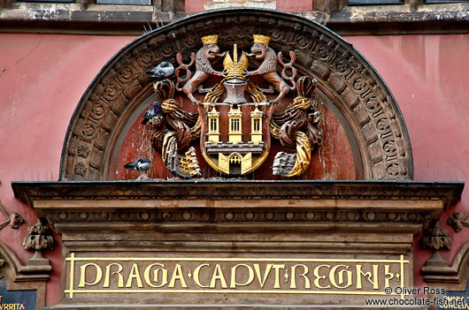 Facade detail on the city hall in Prague`s Old Town