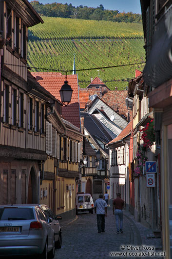 Street in Barr with vineyards in the background