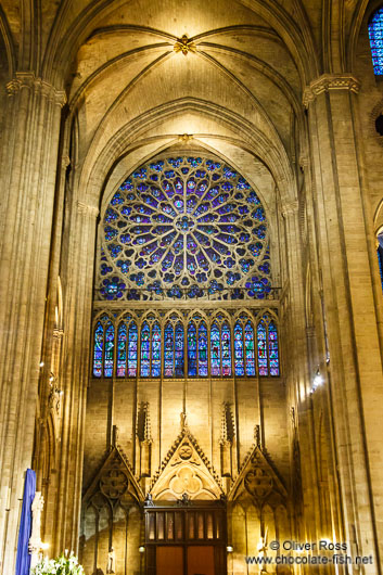 Rose window inside the Notre Dame cathedral in Paris