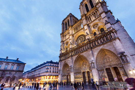 View of Paris Notre Dame cathedral at dusk