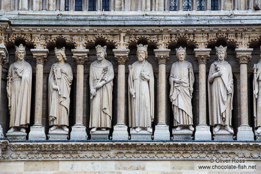 Facade detail of Notre Dame cathedral in Paris